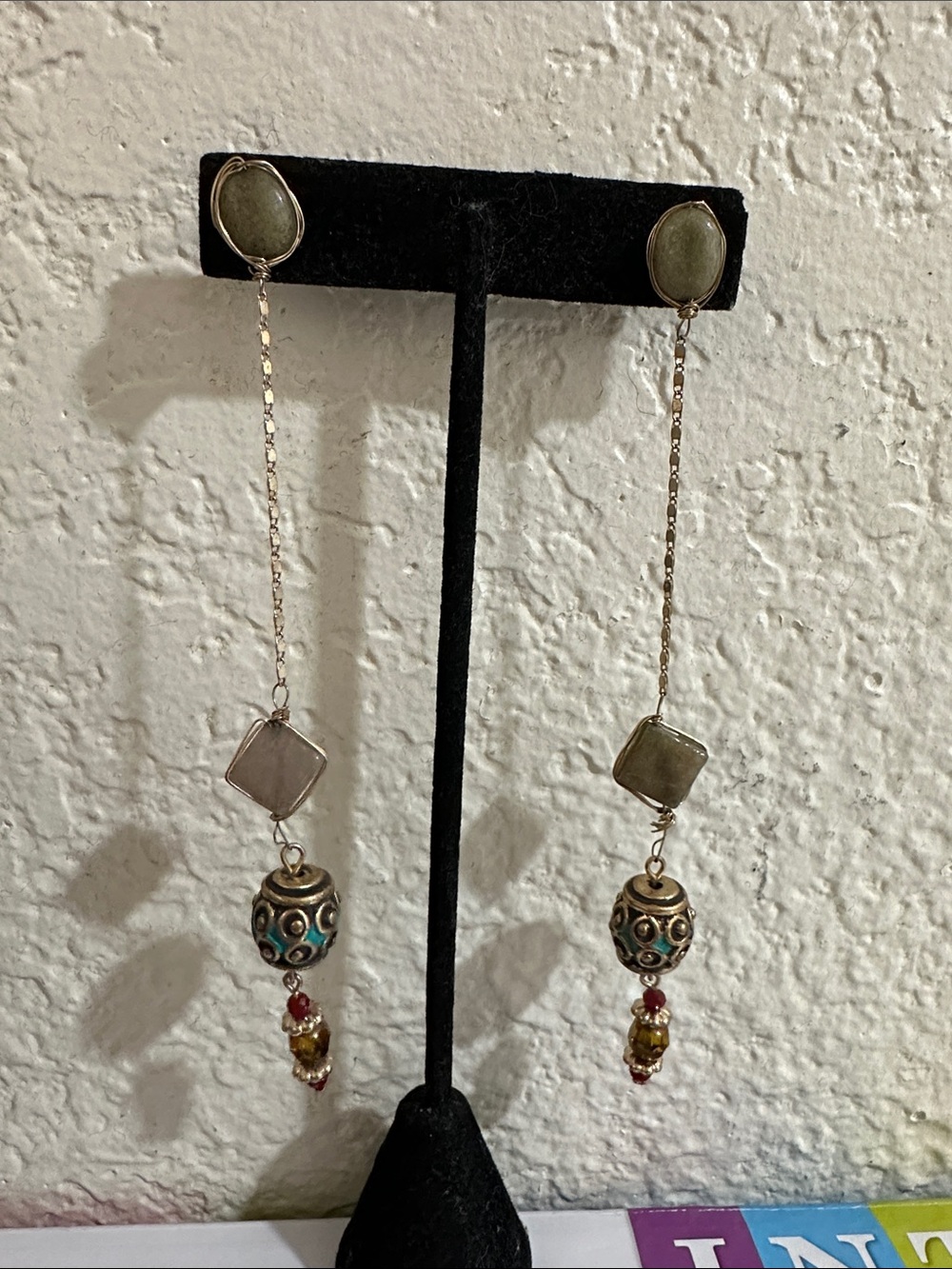Long Dangle natural Green Stone and Bead Drop Earrings - Women Jewelry